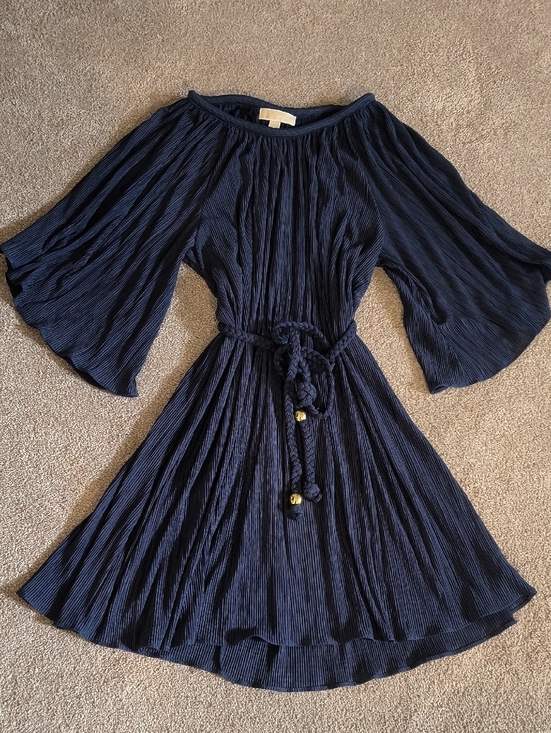 Michael Kors Dresses & Skirts - Michael Kors Dress. Navy Pleated, Flair Sleeve, Rope Belt Waistband. L